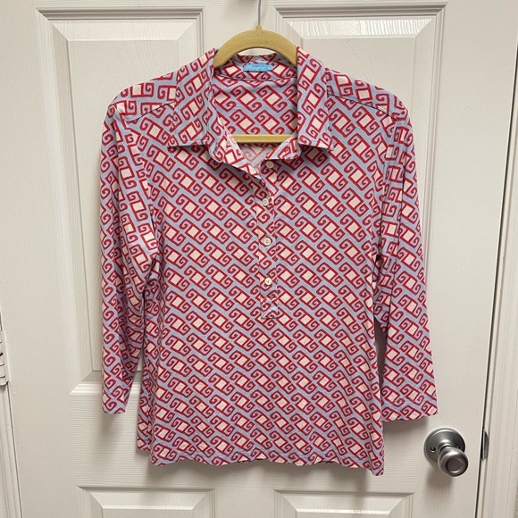 J. McLaughlin Red and Blue Pattern Button Neck Blouse - Picture 1 of 9